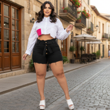 Short Jeans Plus Size Feminino com Lycra Cintura Alta