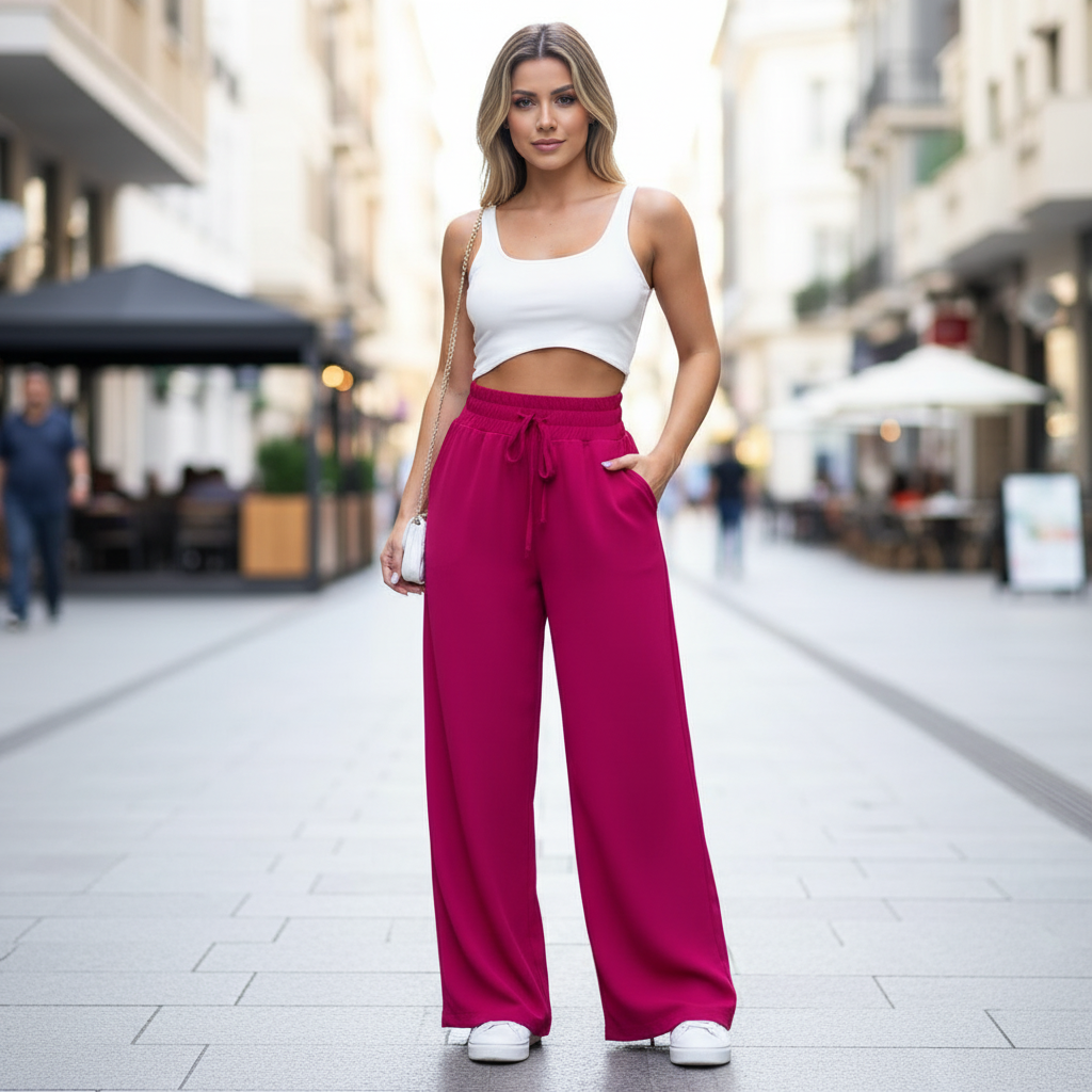 Calça Pantalona Feminina Cintura Alta e Corte Reto Tecido Duna com Bolso