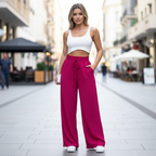 Calça Pantalona Feminina Cintura Alta e Corte Reto Tecido Duna com Bolso