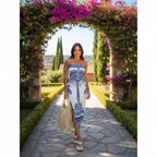 Vestido Feminino Estampado Tomara Que Caia com Fenda Mídi