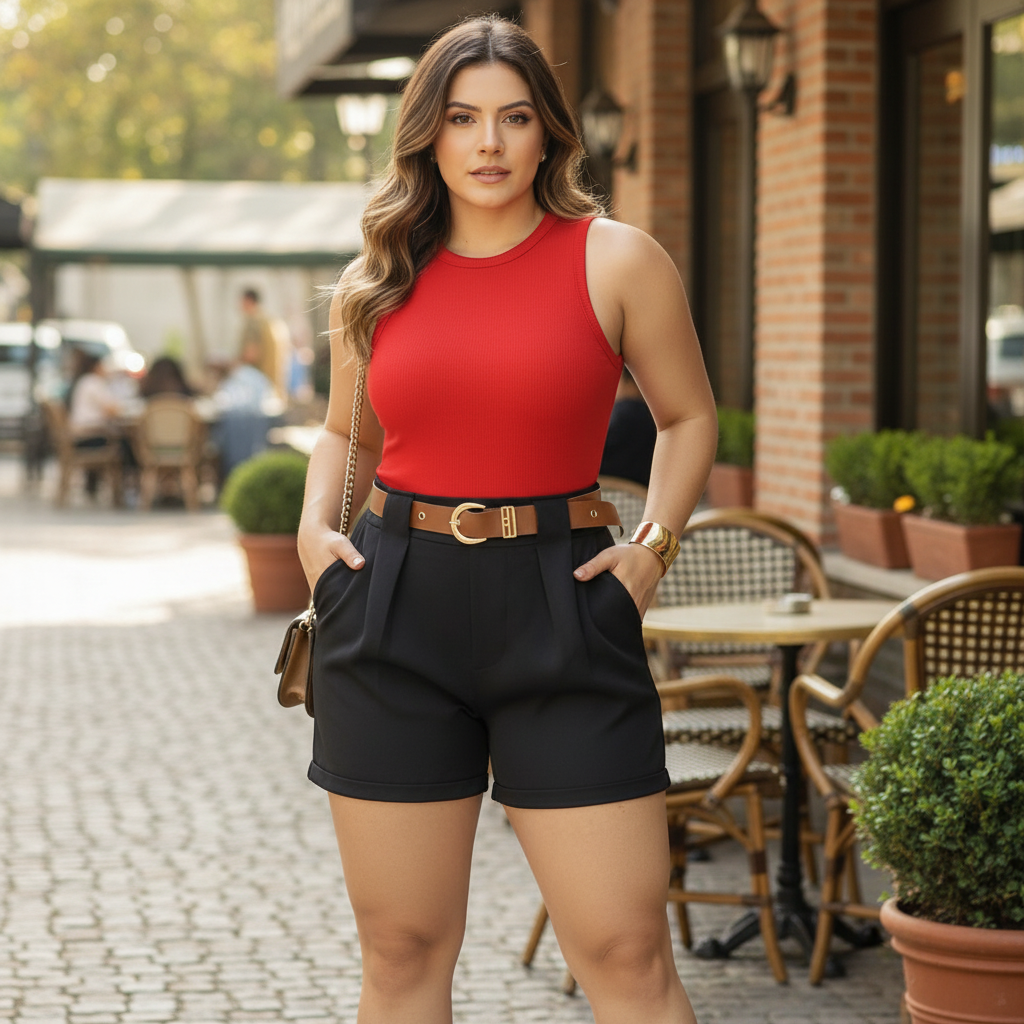 Short Alfaiataria Feminino Social de Cintura Alta com Cinto e Bolsos