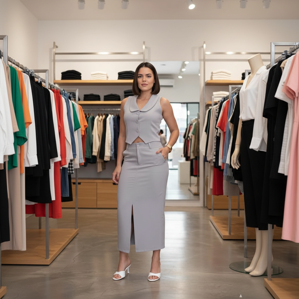 Conjunto Alfaiataria Feminino Colete Saia com Fenda Elegante Social