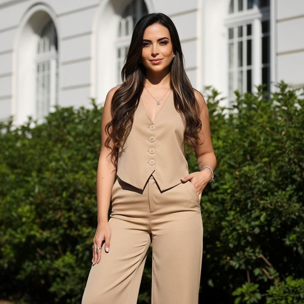 Conjunto feminino em alfaiataria composto por calça e colete. Look casual chic, elegante, moderno e confortável. Ideal para trabalho, jantar, eventos e dia a dia. Caimento perfeito, tecido leve e acabamento premium. Disponível em várias cores e tamanhos.
