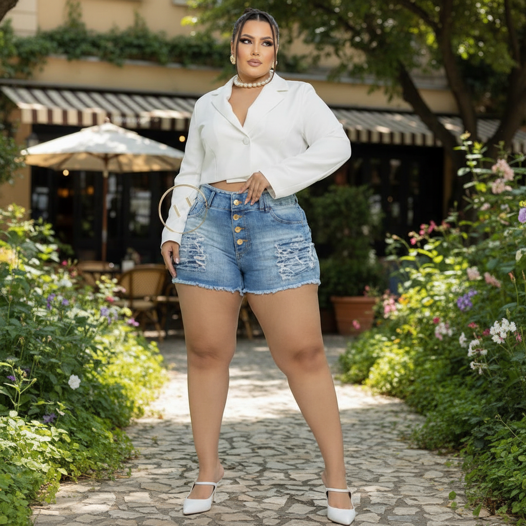Short Jeans Plus Size Feminino com Lycra Cintura Alta