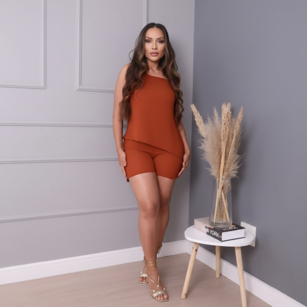 conjunto feminino assimétrico, conjunto feminino shorts e blusa, conjunto feminino moderno, conjunto casual feminino, conjunto feminino verão, blusa feminina regulagem, shorts feminino com bolso, conjunto feminino forrado, conjunto feminino confortável, look feminino estiloso