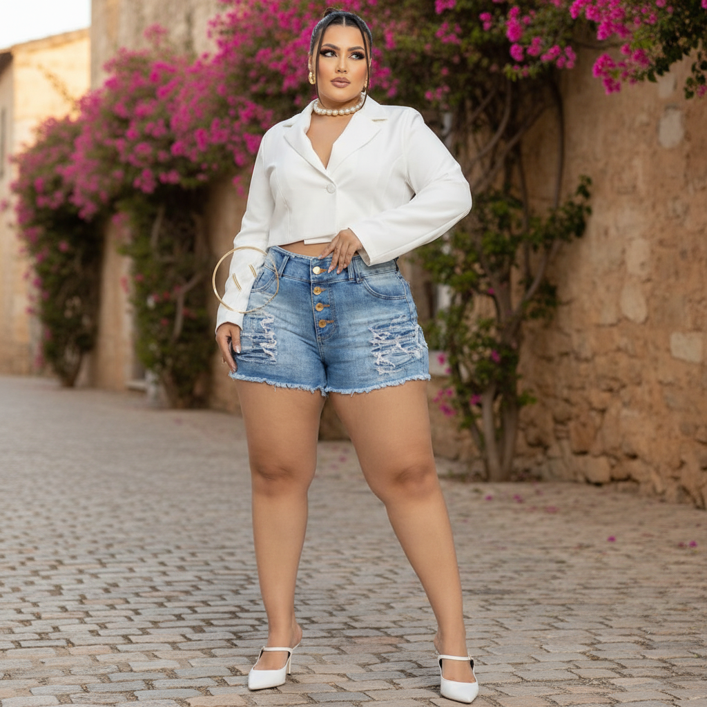 Short Jeans Plus Size Feminino com Lycra Cintura Alta