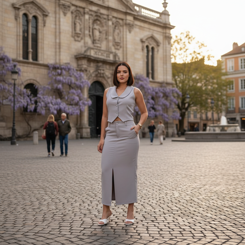 conjunto alfaiataria feminino, conjunto feminino colete e saia, conjunto social feminino, conjunto elegante feminino, look social feminino, conjunto feminino sofisticado, saia com fenda feminina, colete feminino elegante, conjunto feminino trabalho, conjunto feminino moderno