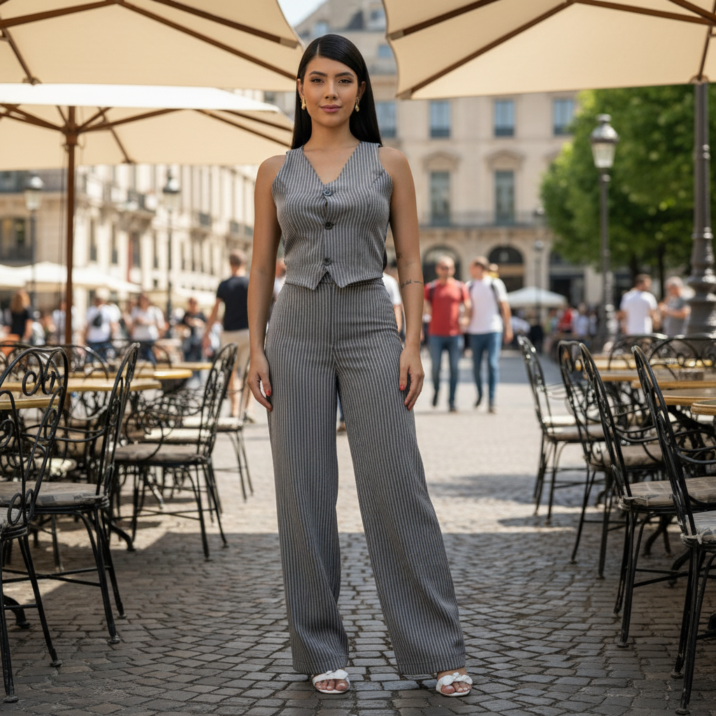 Conjunto Alfaiataria Feminino Calça e Colete Risca de Giz Look Social Elegante