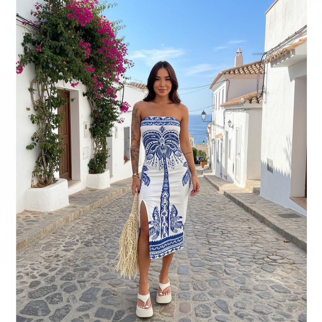 Vestido Feminino Estampado Tomara Que Caia com Fenda Mídi