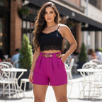 Short Alfaiataria Feminino Social de Cintura Alta com Cinto e Bolsos