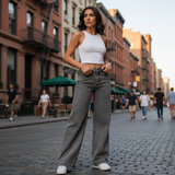 feminina Wide Leg Marmorizada Pantalona boca larga cintura alta