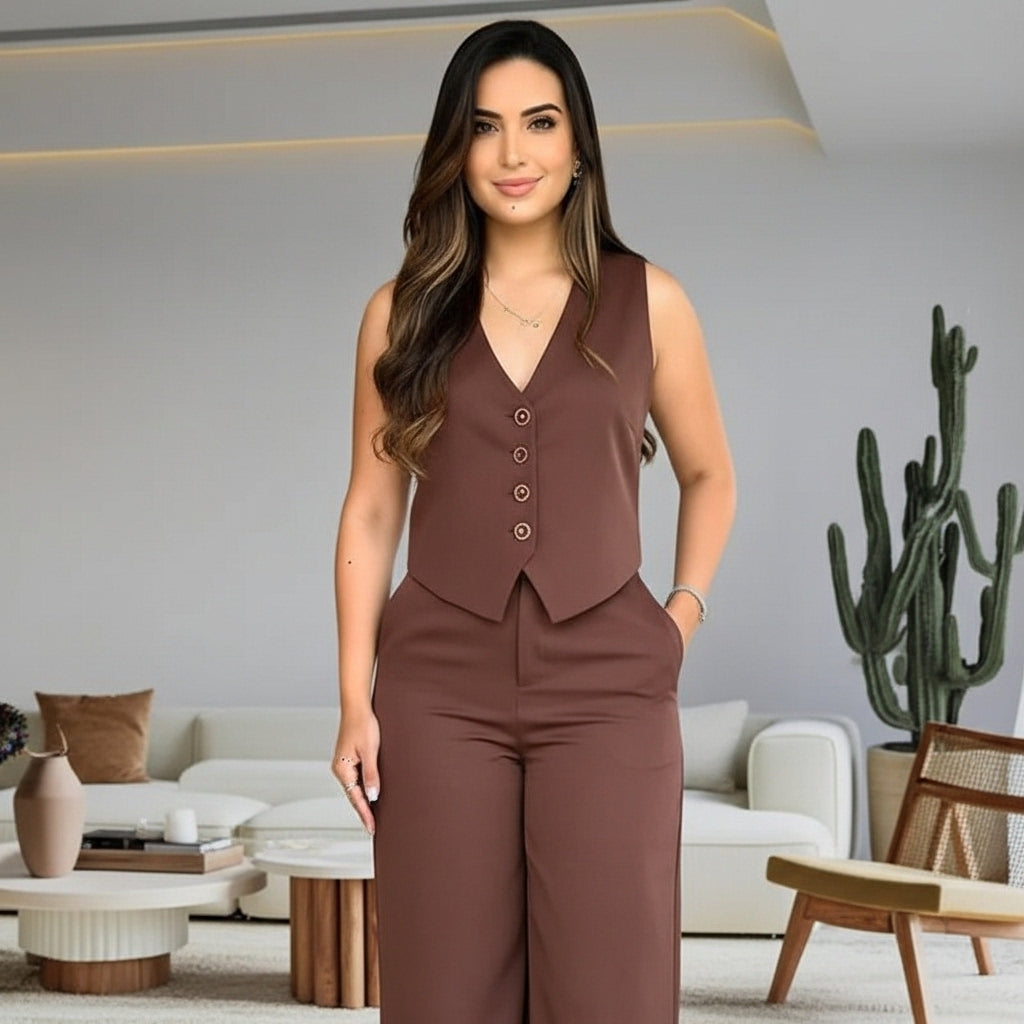 Conjunto feminino em alfaiataria composto por calça e colete. Look casual chic, elegante, moderno e confortável. Ideal para trabalho, jantar, eventos e dia a dia. Caimento perfeito, tecido leve e acabamento premium. Disponível em várias cores e tamanhos.