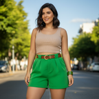 Short Alfaiataria Feminino Social de Cintura Alta com Cinto e Bolsos