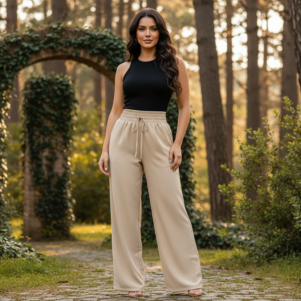 Calça Pantalona Feminina Cintura Alta e Corte Reto Tecido Duna com Bolso