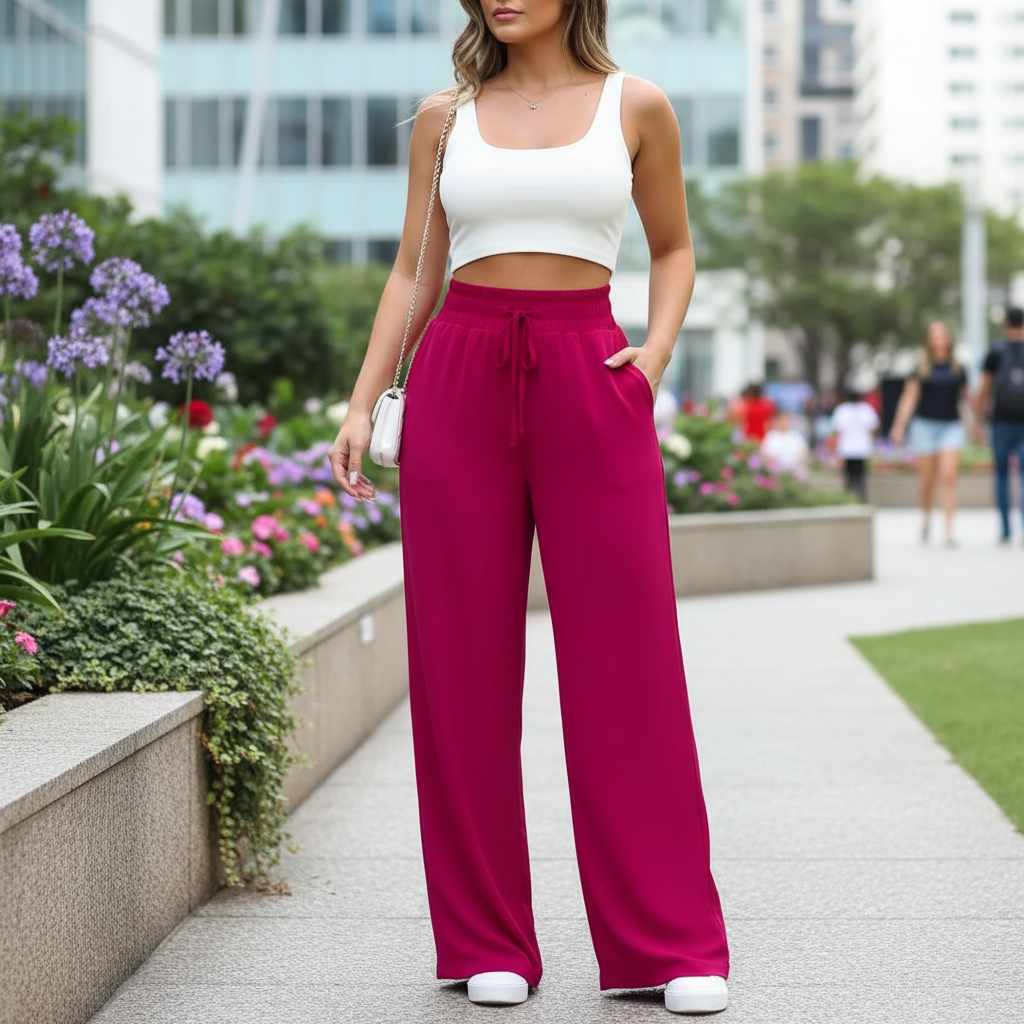 Calça Pantalona Feminina Cintura Alta e Corte Reto Tecido Duna com Bolso