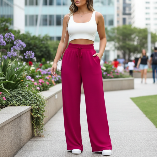 Calça Pantalona Feminina Cintura Alta e Corte Reto Tecido Duna com Bolso