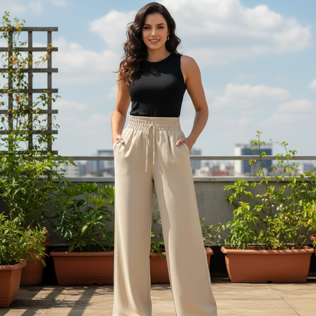 Calça Pantalona Feminina Cintura Alta e Corte Reto Tecido Duna com Bolso