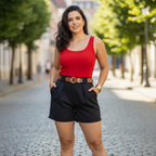 Short Alfaiataria Feminino Social de Cintura Alta com Cinto e Bolsos