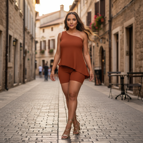 conjunto feminino assimétrico, conjunto feminino shorts e blusa, conjunto feminino moderno, conjunto casual feminino, conjunto feminino verão, blusa feminina regulagem, shorts feminino com bolso, conjunto feminino forrado, conjunto feminino confortável, look feminino estiloso