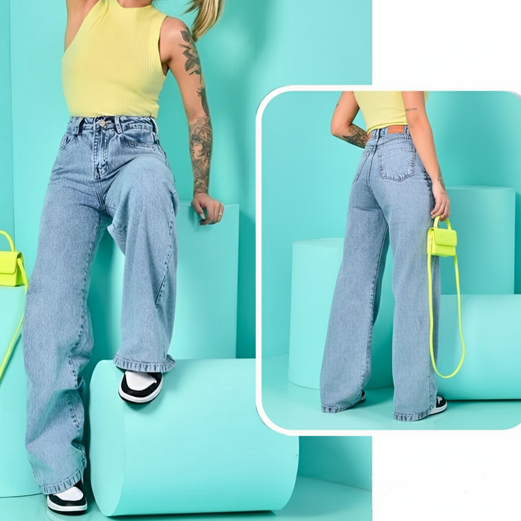 Calça Wide Leg Feminina Marmorizada Pantalona de Boca Larga e Cintura Alta - Entrega Grátis