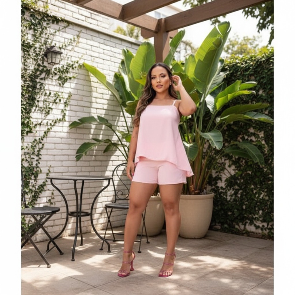 Conjunto Feminino Shorts e Blusa Assimétrica em Tecido Duna