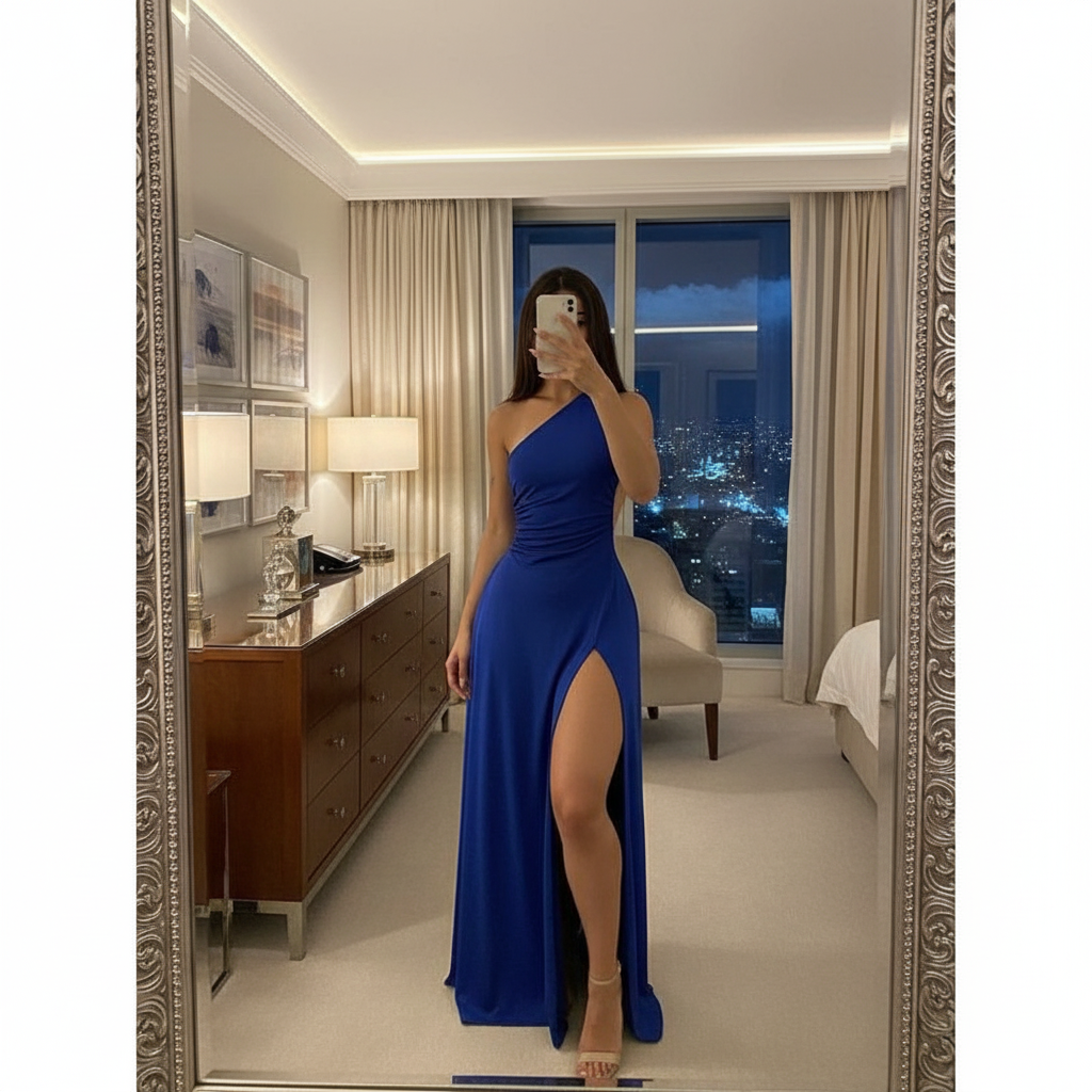 Vestido Longo Feminino Uma Alça com Fenda na Perna Elegante e Sofisticado