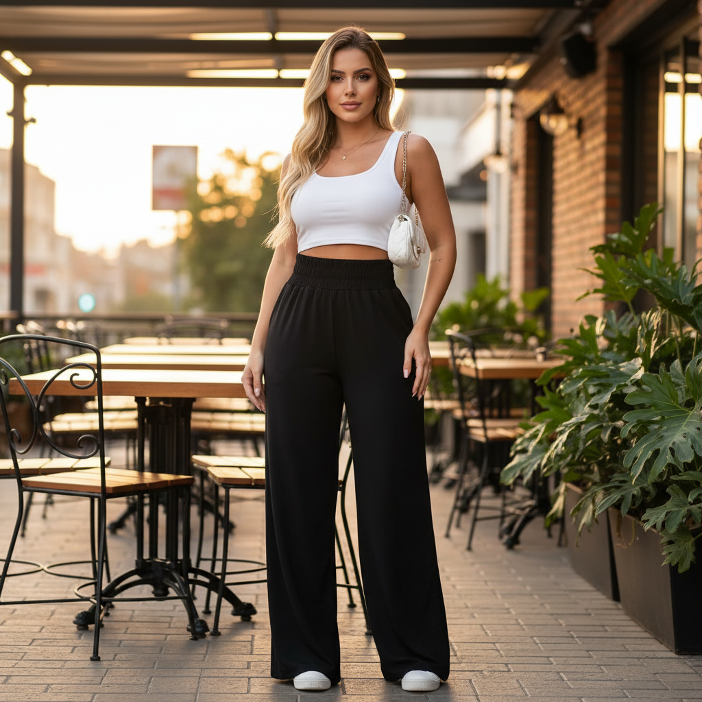 Calça Pantalona Feminina Cintura Alta e Corte Reto Tecido Duna com Bolso