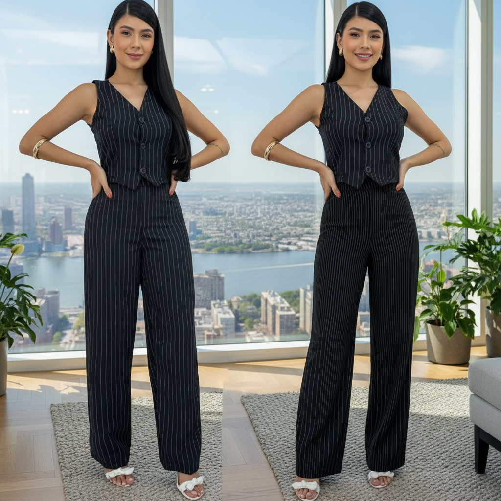 Conjunto Alfaiataria Feminino Calça e Colete Risca de Giz Look Social Elegante