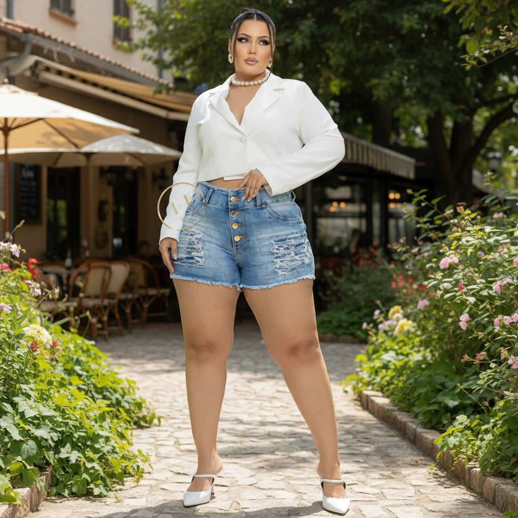 Short Jeans Plus Size Feminino com Lycra Cintura Alta
