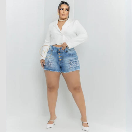 Short Jeans Plus Size Feminino com Lycra Cintura Alta