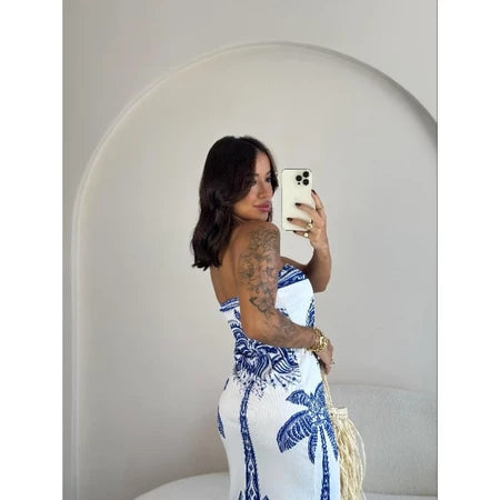 Vestido Feminino Estampado Tomara Que Caia com Fenda Mídi