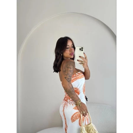 Vestido Feminino Estampado Tomara Que Caia com Fenda Mídi