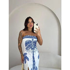 Vestido Feminino Estampado Tomara Que Caia com Fenda Mídi