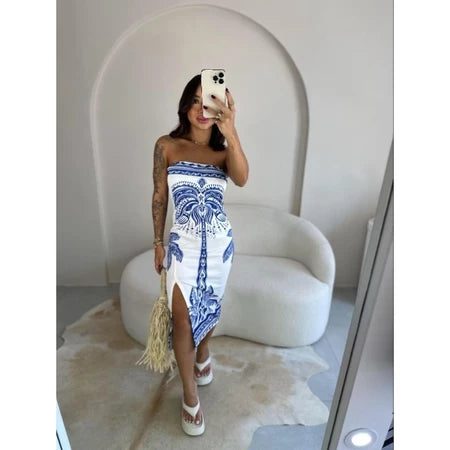 Vestido Feminino Estampado Tomara Que Caia com Fenda Mídi