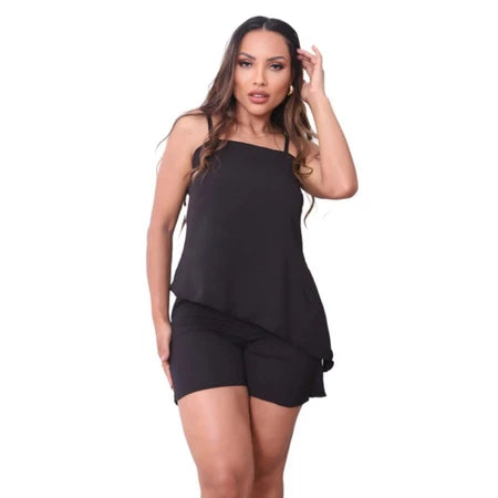 conjunto feminino assimétrico, conjunto feminino shorts e blusa, conjunto feminino moderno, conjunto casual feminino, conjunto feminino verão, blusa feminina regulagem, shorts feminino com bolso, conjunto feminino forrado, conjunto feminino confortável, look feminino estiloso