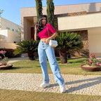 Calça Wide Leg Feminina Marmorizada Pantalona de Boca Larga e Cintura Alta - Entrega Grátis