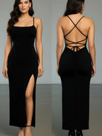 vestido longo elegante, vestido longo feminino, vestido com fenda lateral, vestido costas nuas, vestido costas trançadas, vestido sensual elegante, vestido longo bodycon, vestido colado feminino, vestido longo festa, vestido feminino para eventos, vestido longo noite, vestido longo sensual chic, vestido empina bumbum