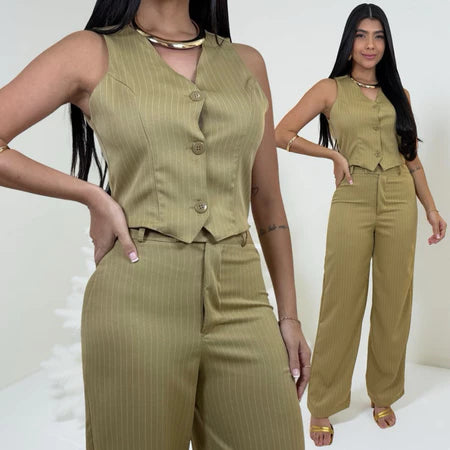 Conjunto Alfaiataria Feminino Calça e Colete Risca de Giz Look Social Elegante