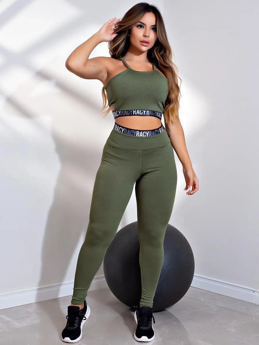 Conjunto Fitness Feminino Racy Legging Cintura Alta + Cropped Alcinha com Elásticos  Para Treinar com Conforto e Estilo